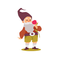 Cute garden gnome or dwarf with flower, flat vector illustration isolated.