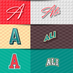 ,Male name,Ali in various Retro graphic design elements, set of vector Retro Typography graphic design illustration