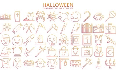 Halloween thin gradient outline Icons set, include ghost, candy, mask, skull, zombie, moon and others. Used for modern concepts, web, UI or UX kit and applications, EPS 10 ready convert to SVG