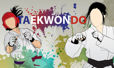 Poster of girls engaged in taekwondo. Abstract background.