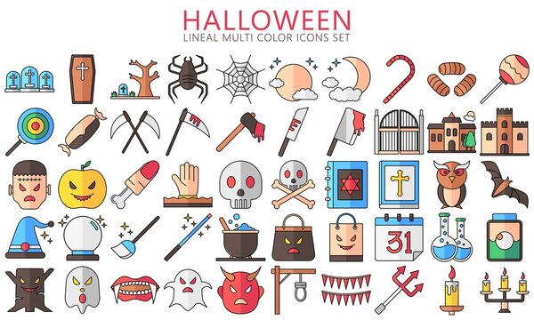 Halloween lineal multi color Icons set, include ghost, candy, mask, skull, zombie, moon and others. Used for modern concepts, web, UI or UX kit and applications, EPS 10 ready convert to SVG