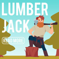 Web or social media banner with lumberjack, flat vector illustration.