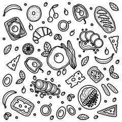 Hand drawn set of breakfasts. Pankety, cheesery, friedness, toast, avocado, pepper, banana, coffee, croissant, sausage, bacon, cherry, pancakes. Doodle sketch style. Outline food elements.