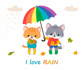 Cute cats with umbrella. Cartoon flat style. Vector illustration