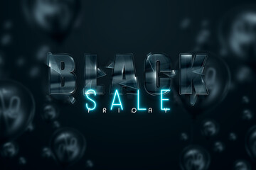Black glass inscription Black Friday on a black background. Clearance sale flyer, magazine style modern design Discounts price drop poster. 3d illustration 3d render copy space