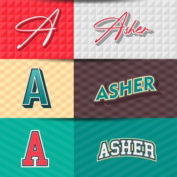 ,Male name,Asher in various Retro graphic design elements, set of vector Retro Typography graphic design illustration