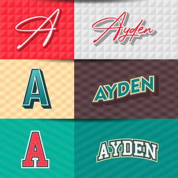 ,Male name,Ayden in various Retro graphic design elements, set of vector Retro Typography graphic design illustration