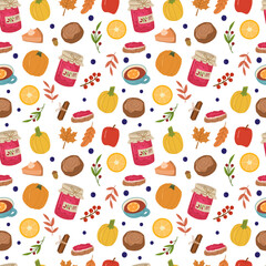 Autumn cozy seamless pattern with jam,tea,bun,leaves,berries,pumpkin pie,lemons. 