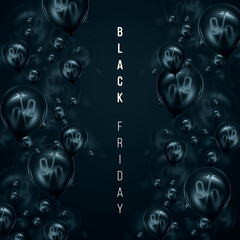 White inscription Black Friday on a black background, percent. Clearance sale flyer Magazine style modern design Discounts price drop poster. 3d illustration 3d render copy space.