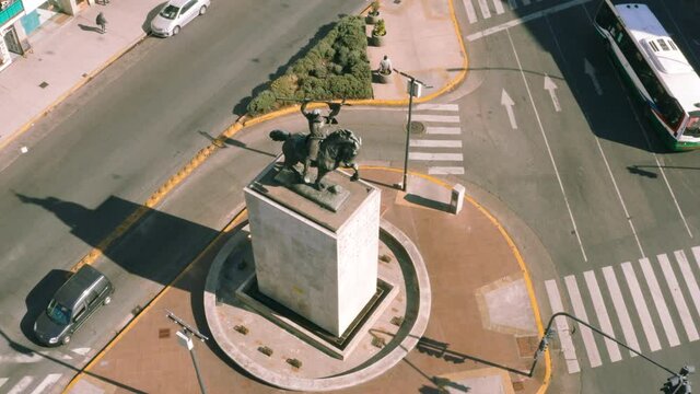 AERIAL - Cid Campeador monument and intersection, Buenos Aires, Argentina, rising