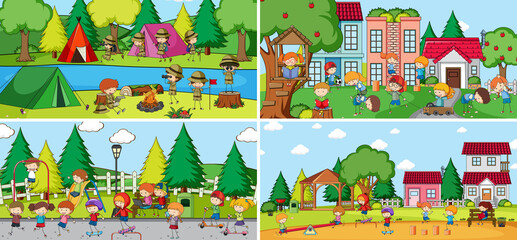 Obraz premium Outdoor scene set with many kids doodle cartoon character