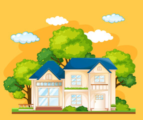 Fototapeta premium Front of a house with many tree on yellow background