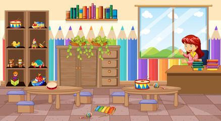 Empty kindergarten room scene with a teacher