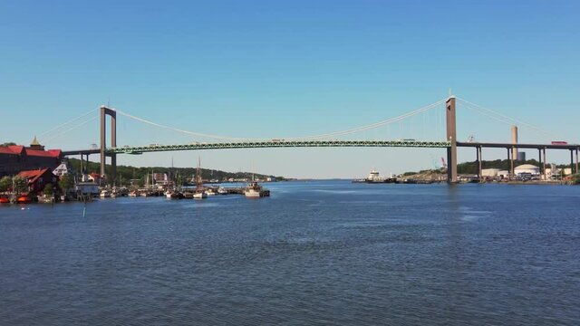 Suspension Bridge Of Alvsborg Over Gota Alv River in Gothenburg, Sweden. wide shot