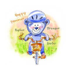 Watercolor teddy bear on bicycle for print on t-shirt, poster. Happy summer. Hand-drawn, full-color illustration.