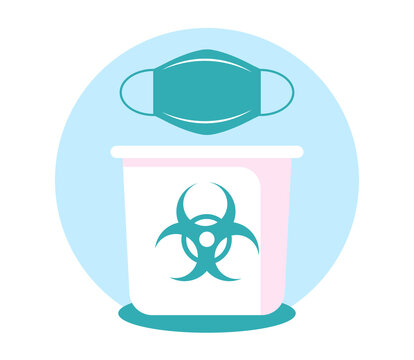 How to properly dispose of a medical mask. Medical waste disposal concept. Disposable mask and biohazard waste container. Flat vector illustration