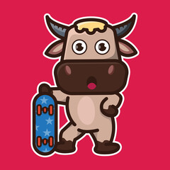 
vector illustration of cute buffalo 
holding a skate board