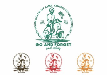 Four color variation of man with scooter line art illustration © Adipra