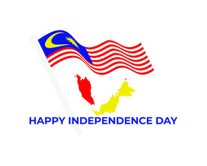 Waving Malaysia flag with Happy Independence Day word and map. Malaysia will celebrate on 31st August every year