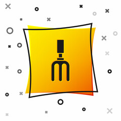 Black Garden rake icon isolated on white background. Tool for horticulture, agriculture, farming. Ground cultivator. Yellow square button. Vector