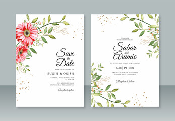 Minimalist wedding invitation template with hand painting watercolor flower and leaves