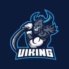 viking logo mascot design vector with modern illustration concept style. viking illustration with a sword in the hand for esport