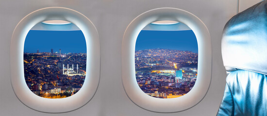 Ankara city as seen through window of an aircraft at dusk - Ankara, Turkey