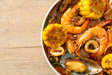 spicy barbecue seafood - shrimps, sqiud, mussel