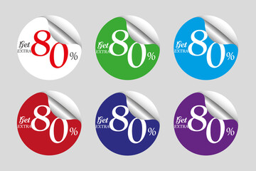 Colorful round sale sticker set collection discount with eighty 80 percent off, editable template.