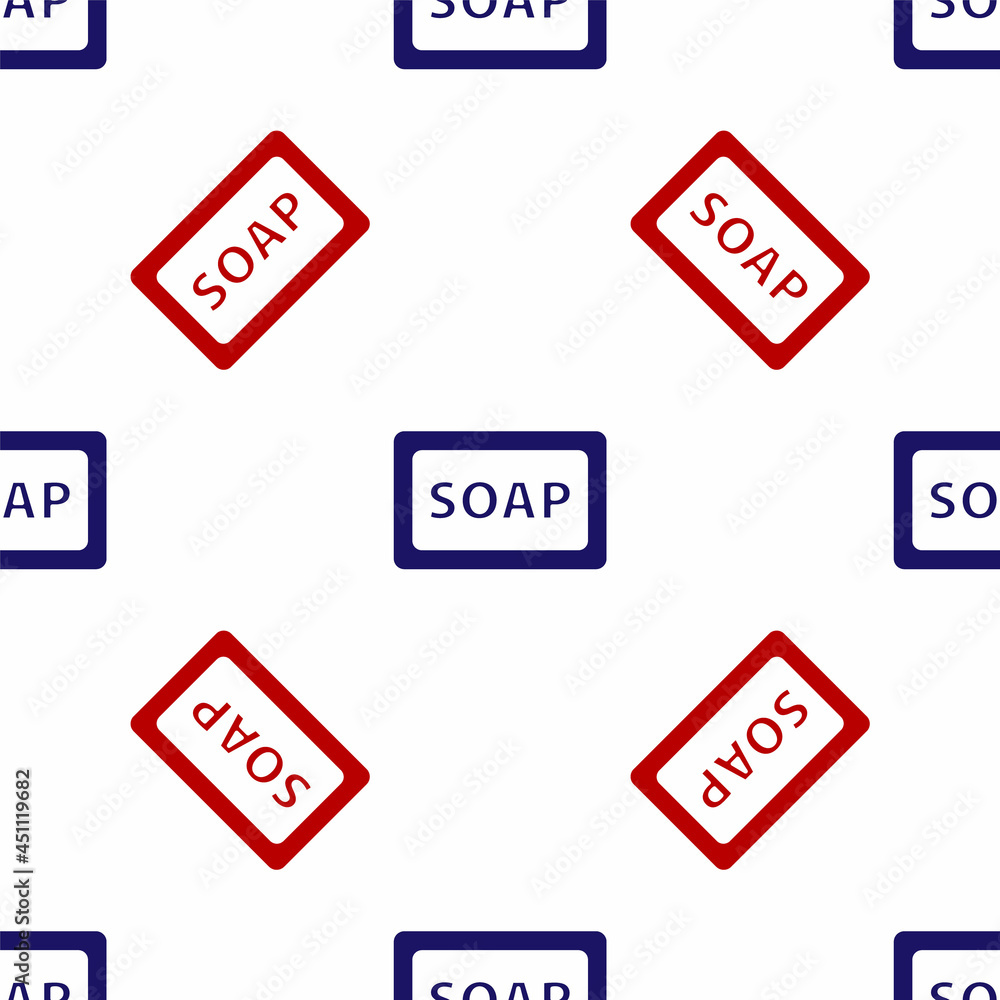 Poster blue and red bar of soap icon isolated seamless pattern on white background. soap bar with bubbles. 