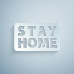 Paper cut Stay home icon isolated on grey background. Corona virus 2019-nCoV. Paper art style. Vector.