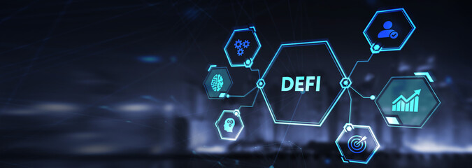 DeFi -Decentralized Finance on dark blue abstract polygonal background. Concept of blockchain, decentralized financial system.