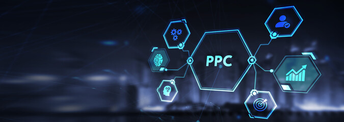 Pay per click payment technology digital marketing internet concept of virtual screen. PPC