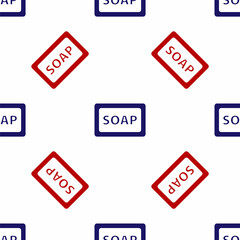 Blue and red Bar of soap icon isolated seamless pattern on white background. Soap bar with bubbles. Vector.
