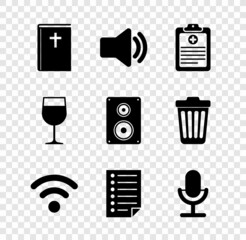 Set Holy bible book, Speaker volume, Clinical record, Wi-Fi wireless network, Document and Microphone icon. Vector
