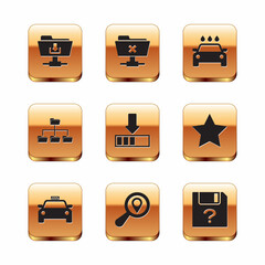 Set FTP folder download, Taxi car, Search location, Loading, Folder tree and Car wash icon. Vector
