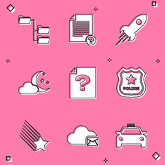 Set Folder tree, Unknown document, Rocket ship with fire, Cloud moon and stars, and Police badge icon. Vector