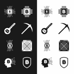 Set Pickaxe, Cryptocurrency key, Processor chip with dollar, CPU mining farm, bitcoin circuit and ASIC Miner icon. Vector