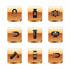 Set Magnet with money, Test tube drop of blood, Medical vial, ampoule, or flask, and Genetic engineering icon. Vector