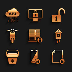 Set Server security with lock, Smartphone, Document and, Retro wall watch, Cooler bag and Scooter icon. Vector