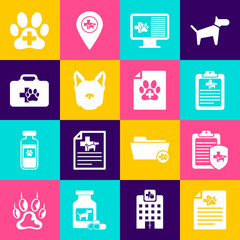 Set Medical certificate for dog or cat, Clinical record pet, , on monitor, Dog and Pet first aid kit icon. Vector