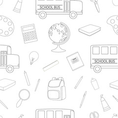 Seamless pattern school graphics coloring vector illustration. Education school supplies. Office supplies	