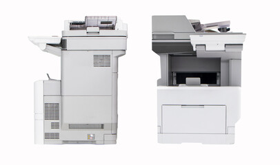 Photocopier photo front and side , network printer is office worker tool equipment scanning and copy paper xerox photocopy. Jet Printer with Copier, Fax and Scanner. Isolated on white background
