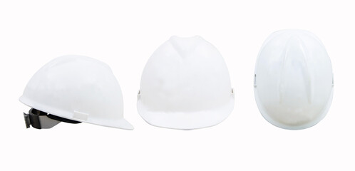 Plastic helmet safety. Side and top, Front photo of plastic helmet safety white for engineer used industry and construction building. Concept safety. Isolated on white background.