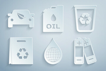 Set Earth planet in water drop, Recycle bin with recycle, Shopping bag, Battery, Canister machine oil and Eco car drive leaf icon. Vector