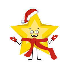 Cute star character with joyful emotions, smile face, happy eyes, arms and legs. Space and weather symbol with kind expression. Happy New Year symbol in a red Santa hat, scarf and mittens
