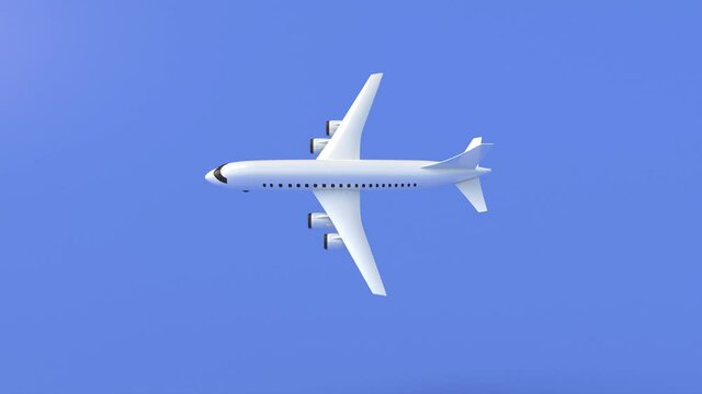 Jet Plane flying on blue background. Commercial airplane white blank moving on the screen. Video animation, Footage 4k. 3d illustration 