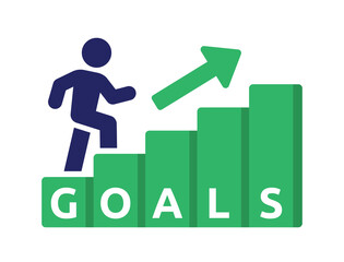 Goal icon. Man walking up stairs to goal target. Successful concept