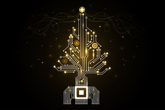 Christmas tree from digital electronic circuit. Abstract lighting motherboard microchip. Vector illustration