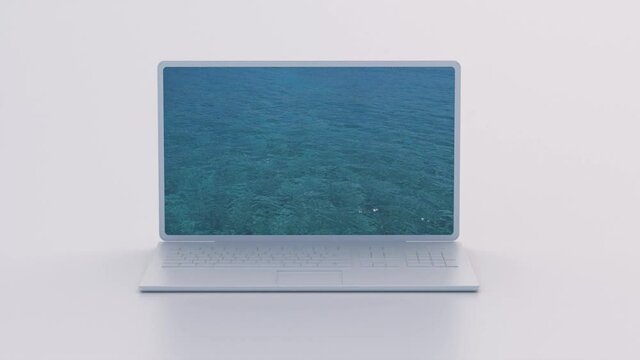Clouds motion over ocean water on computer laptop screen isolated on blue background. Cloudscape on blue sky over rippled Aegean sea. Motion, Video footage, 3d illustration 